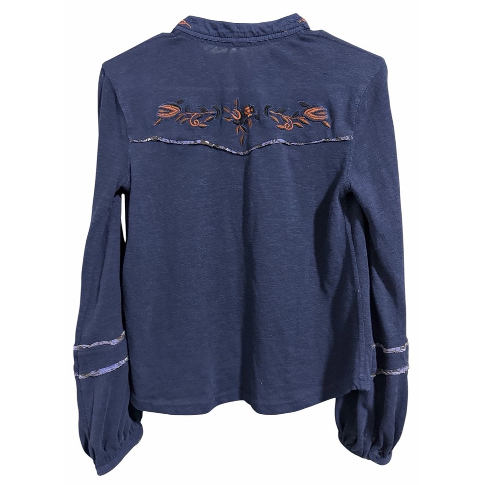 Free People Sundance Kid Embroidered Western Henley Top Navy Women's Size XS - Picture 2 of 12